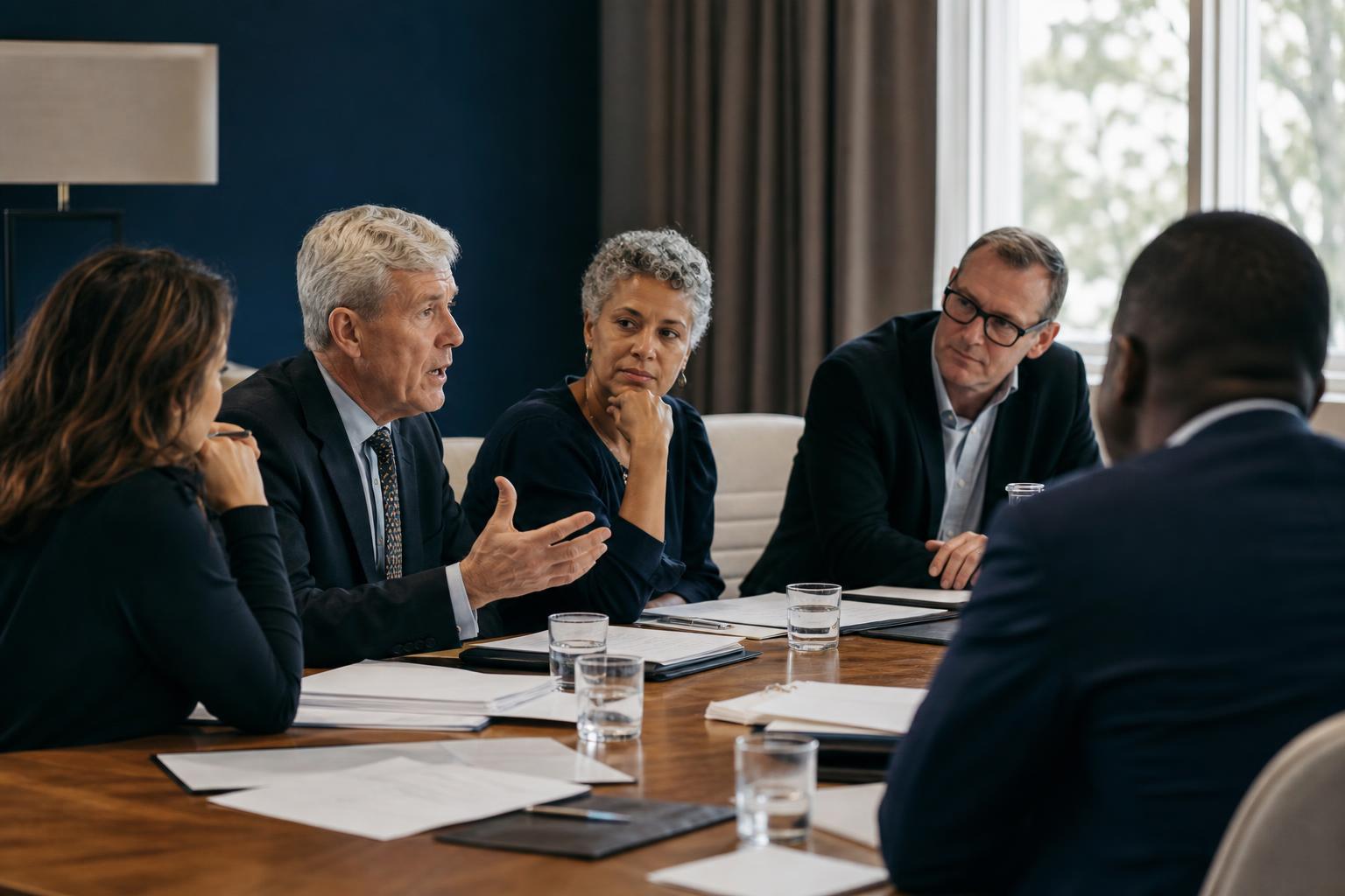 Advisers and trustees reviewing governance documents around a meeting table